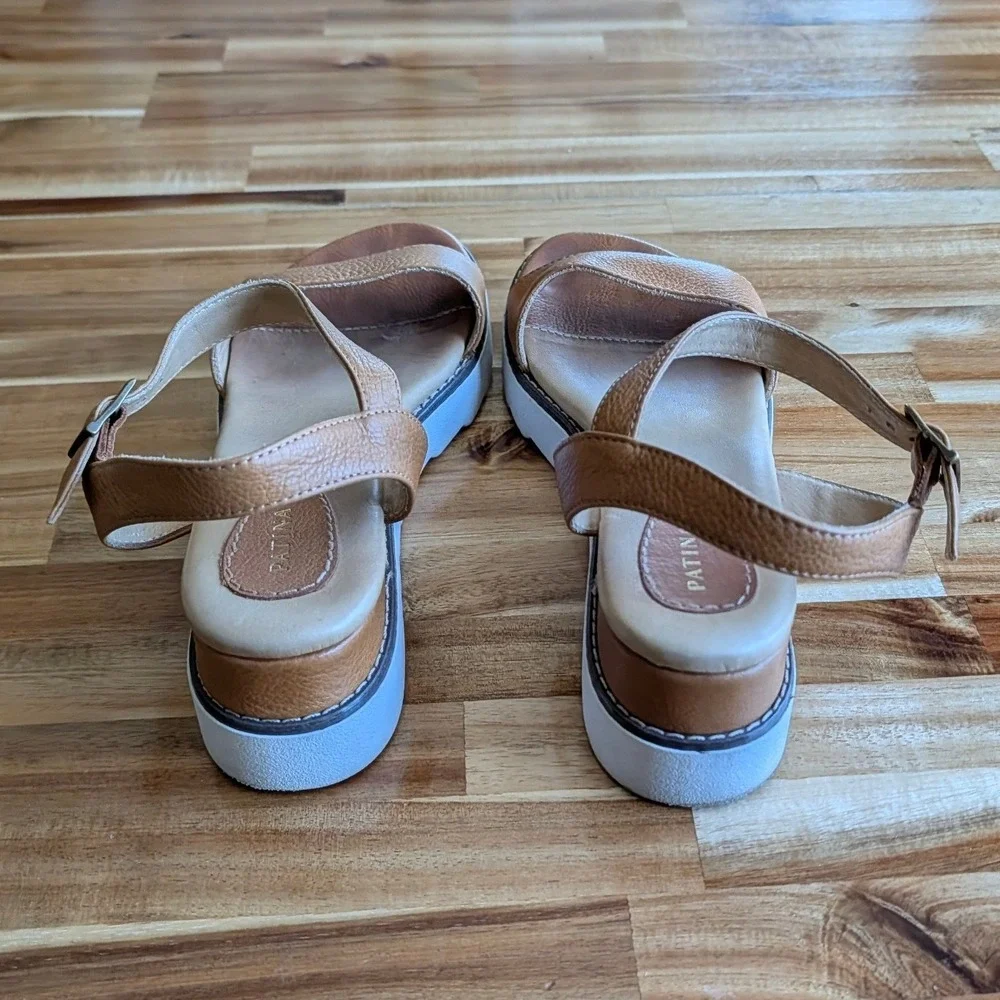 Patina Tan Pebbled Leather Platform Wedge Sandals Ankle Strap Womens 9.5